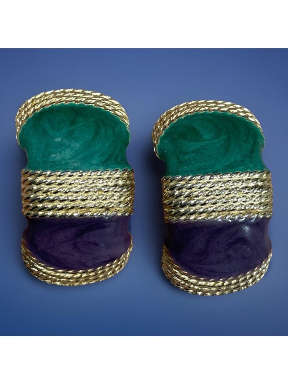 Vintage Gay Boyer Purple Green Enamel Gold-Tone Half  Hoop Clip On Earrings